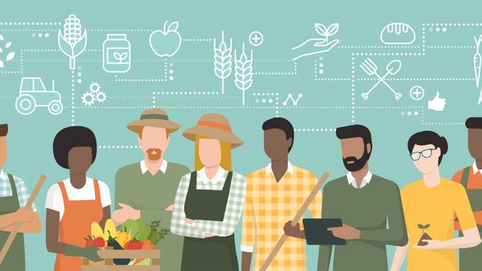 Illustration Of Diverse Farmers With Produce And Tools, With Agriculture Icons In The Background